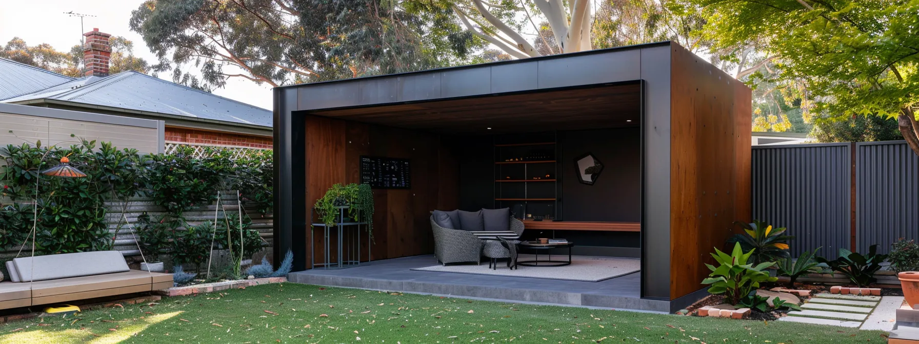 a modern, sleek custom shed in sydney, constructed with durable steel materials, stands in a pristine backyard, showcasing personalized storage solutions and enhancing the property's aesthetic appeal.