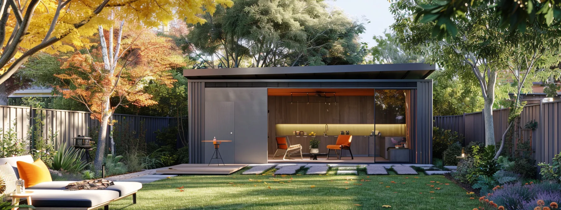 a sleek, modern shed design with colorbond roofing seamlessly blending into a lush backyard landscape in sydney.