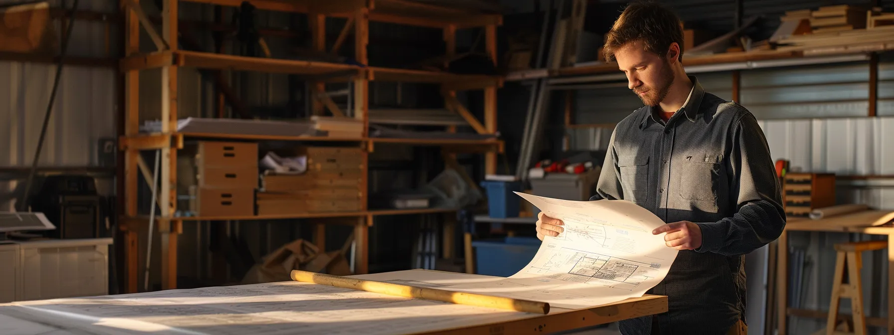 an architect studying a thick book of local building codes while standing in front of a blueprint for a custom garage construction project.