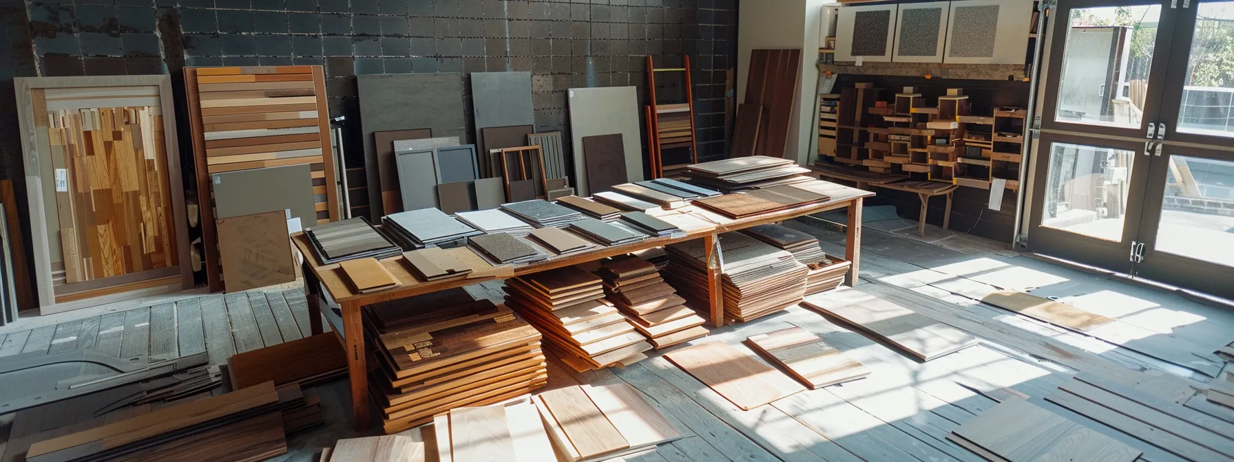 a picture of a homeowner comparing different material and design options for a custom shed, with various samples laid out on a table for consideration.