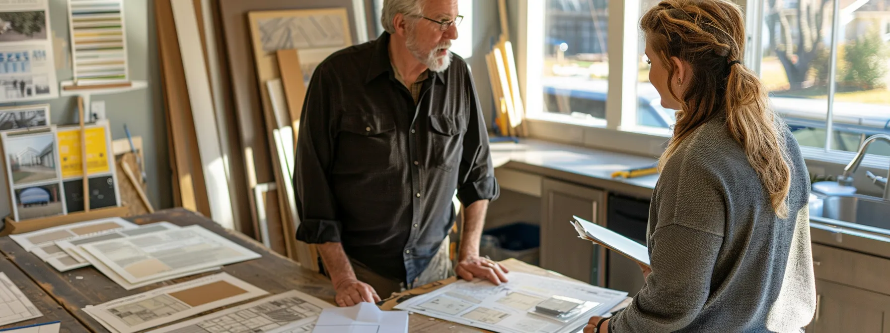 a homeowner discussing design options with a shed construction expert, surrounded by various material samples and blueprint sketches.