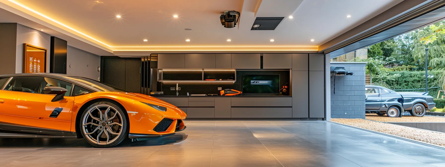 a sleek, modern bespoke garage with custom storage solutions and a stylish aesthetic, adding value and functionality to a home.