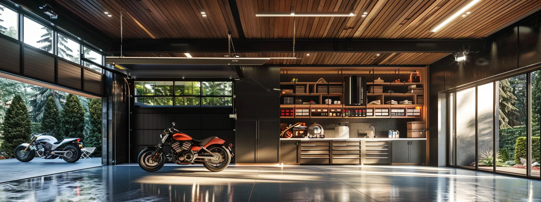 a sleek, modern garage design featuring custom storage solutions and high-quality finishes.