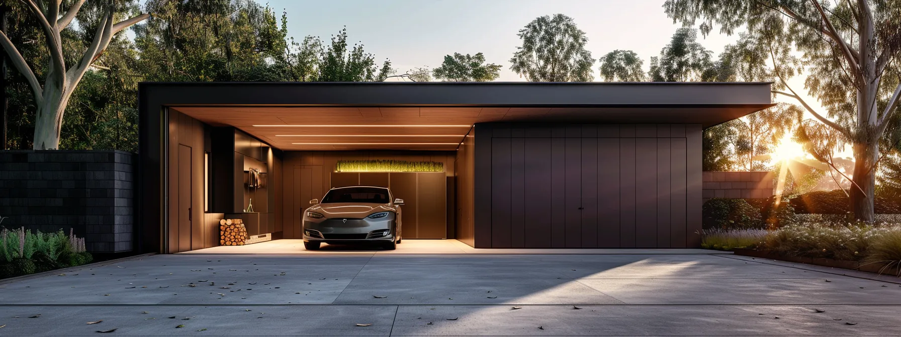 a sleek, modern garage with innovative storage solutions seamlessly integrated into the overall landscape design in sydney.