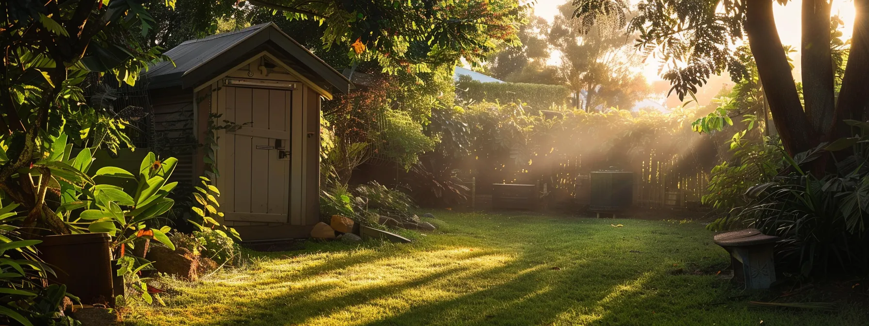 a custom shed bathed in golden sunlight, surrounded by lush greenery and protected from sydney's unpredictable weather, showcasing the importance of routine maintenance and upgrades.