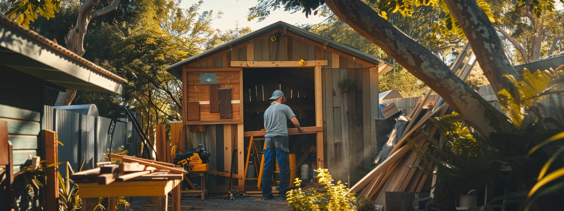 a professional shed builder meticulously crafting a sturdy, custom shed in a backyard in sydney.